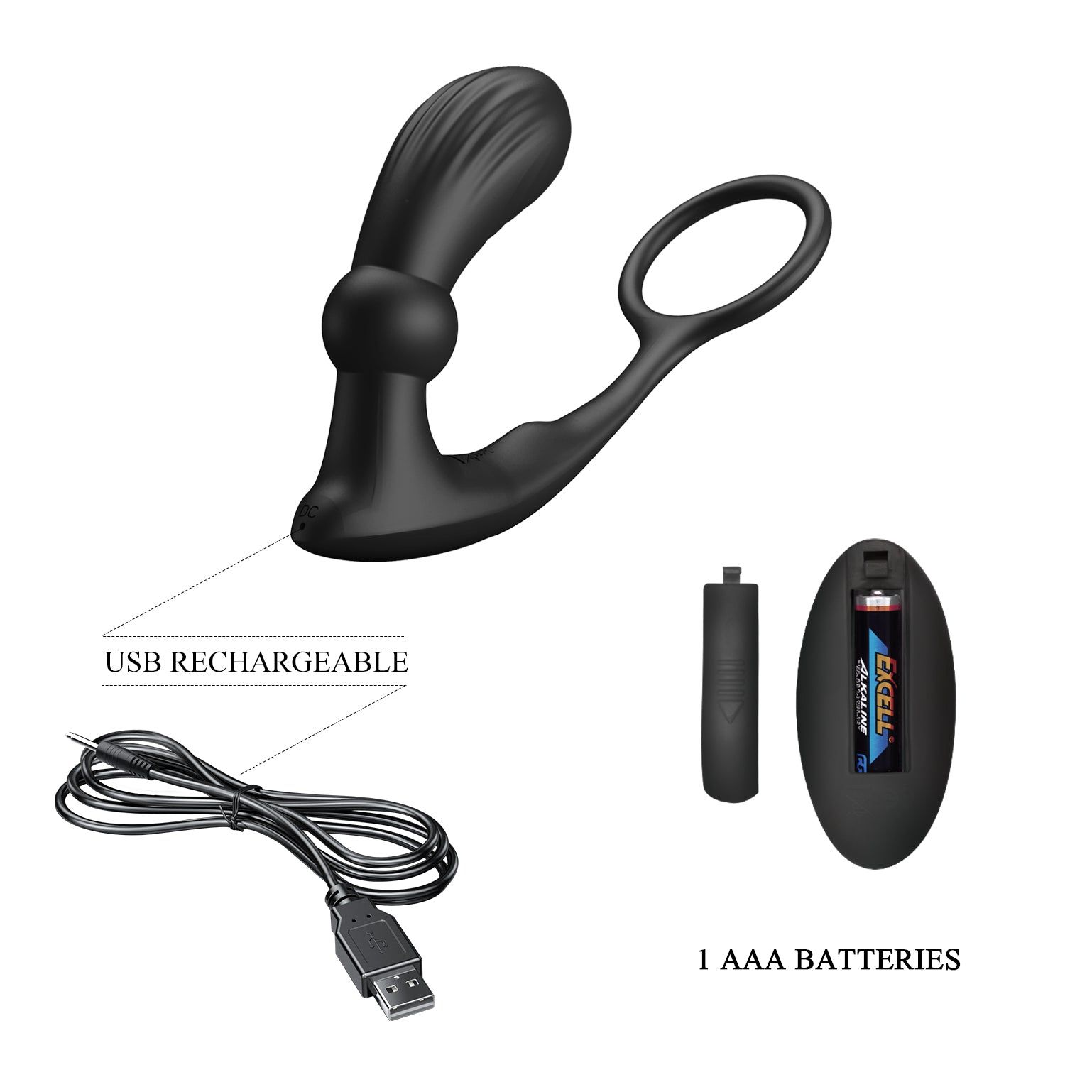 Schwarzer Analring-Vibrator, USB-Ladekabel, Batterie und Fernbedienung.