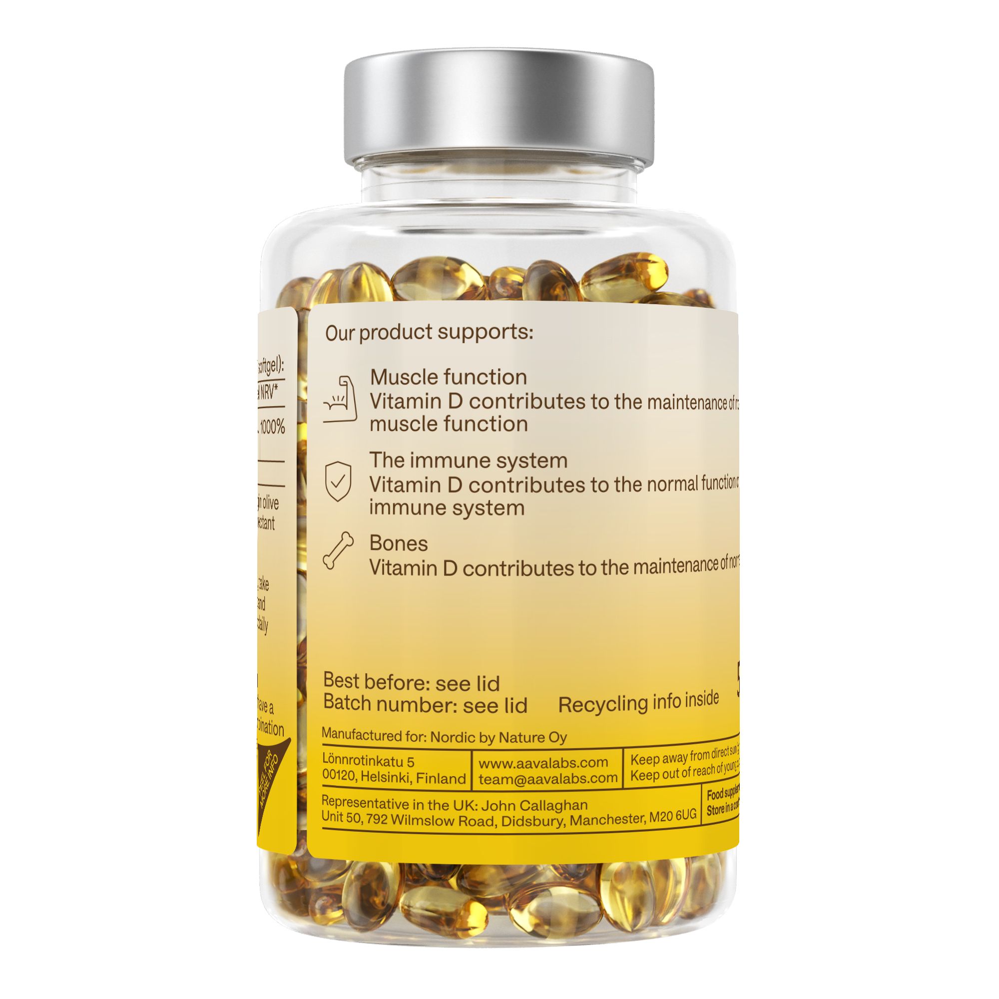 Rückseite der Vitamin D3-Flasche. Beschreibt die Unterstützung für Muskelfunktion, Immunsystem und Knochen.