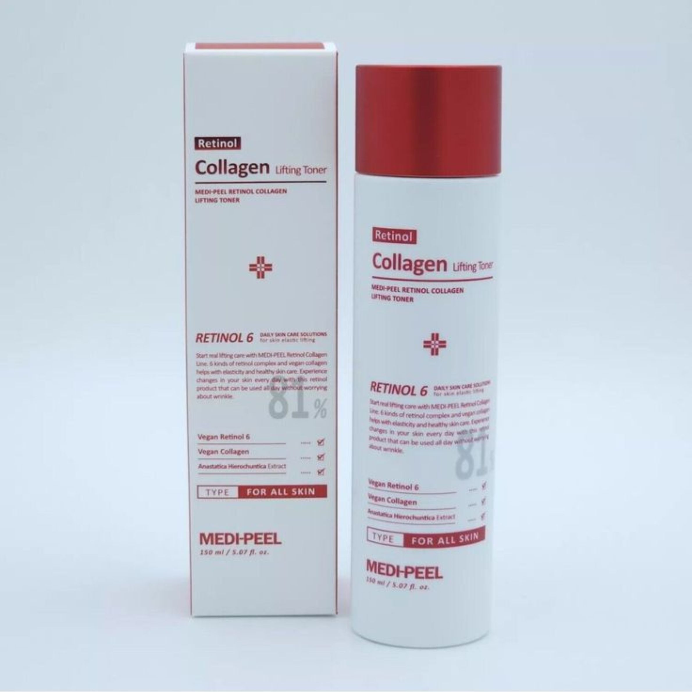 Produkt und Verpackung. Weiße Flasche und Schachtel. Aufschrift: Retinol Collagen Lifting Toner. Marke: MEDI-PEEL. Text und Logo.