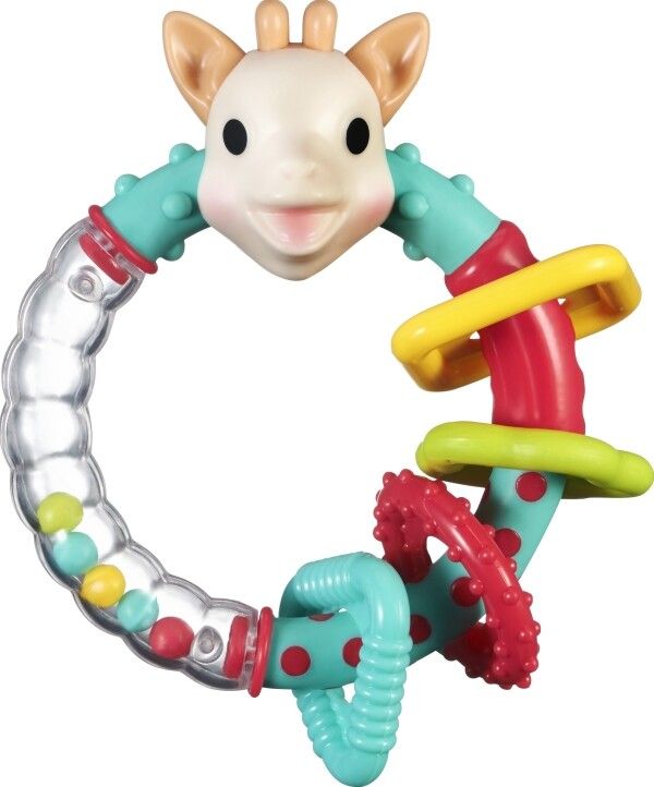 Beißring mit Giraffen-Kopf, Türkis, Rot, Gelb und transparenten Elementen. Enthält Kugeln. Verschiedene Formen und Texturen.