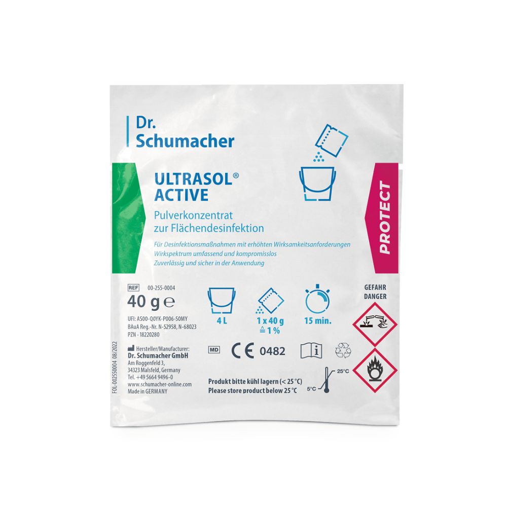 Beutel mit Dr. Schumacher Ultrasol Active. Pulverkonzentrat zur Flächendesinfektion. Enthält Informationen zu Anwendung und Gefahrenhinweisen.