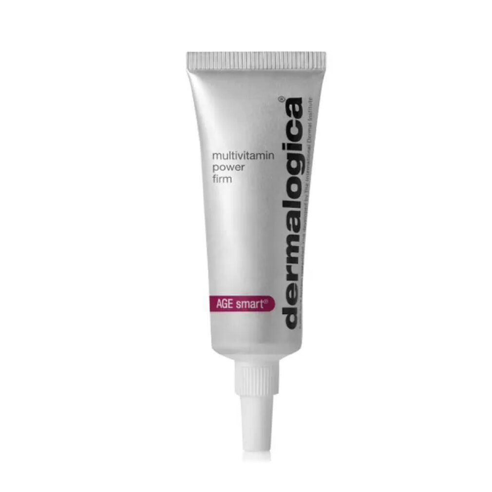 Silberfarbene Tube mit weißem Applikator. Aufschrift: Dermalogica, Multivitamin Power Firm, AGE smart.