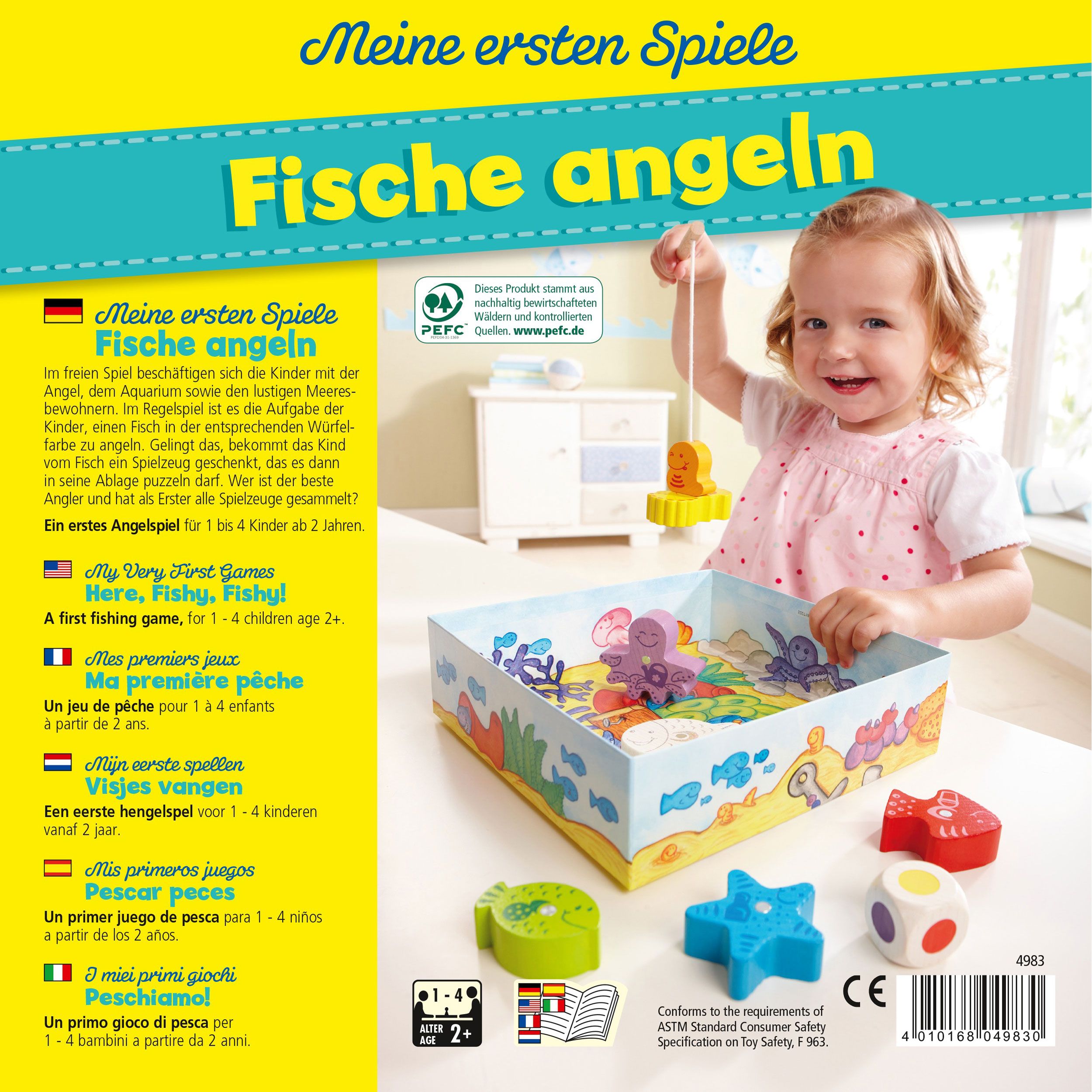Rückseite der Spielbox "Meine ersten Spiele - Fische angeln". Kind spielt mit Angel. Spielbox, Spielzubehör.