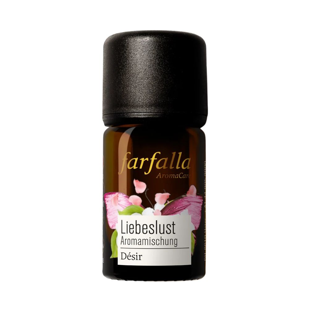 Braune Glasflasche mit schwarzem Deckel. Etikett mit floralem Design und Aufschrift "Liebeslust Aromamischung Désir". Marke: Farfalla.