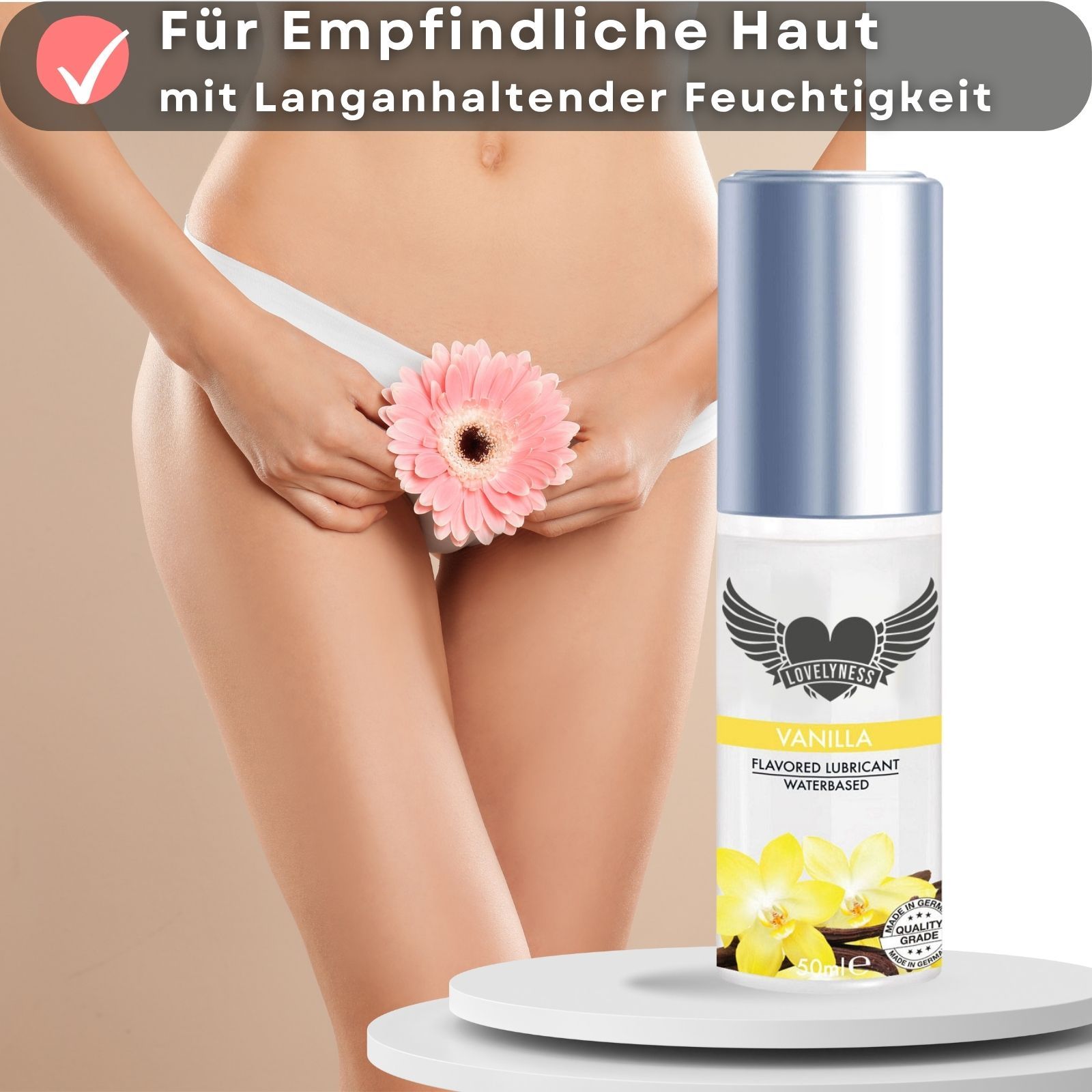 Gleitgel für empfindliche Haut mit langanhaltender Feuchtigkeit. Flasche mit silbernem Deckel.