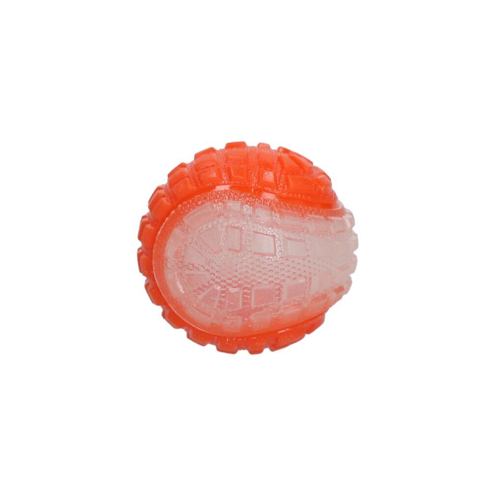 Orangefarbener Ball mit weißem, durchscheinendem Bereich. Oberfläche mit quadratischen Mustern. Für Hunde.