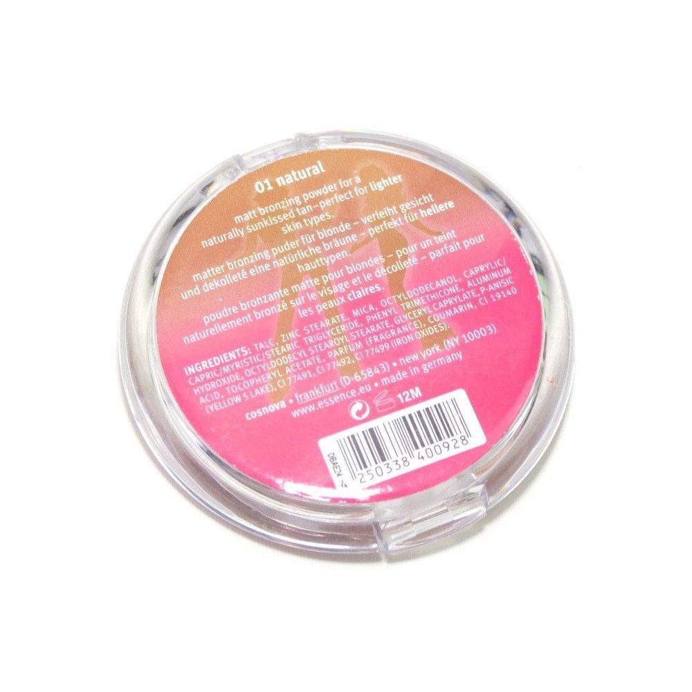 Runder, transparenter Behälter mit bronzierendem Puder. Aufkleber mit Produktinformationen und Inhaltsstoffen.