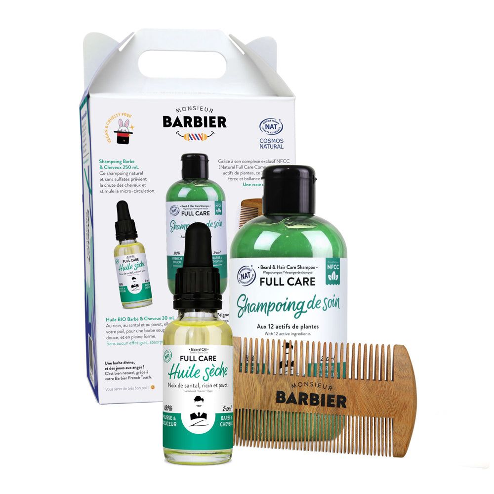 Produktbox mit Bartöl, Shampoo und Kamm. Box-Aufdruck: "MONSIEUR BARBIER". Flaschen: "FULL CARE".