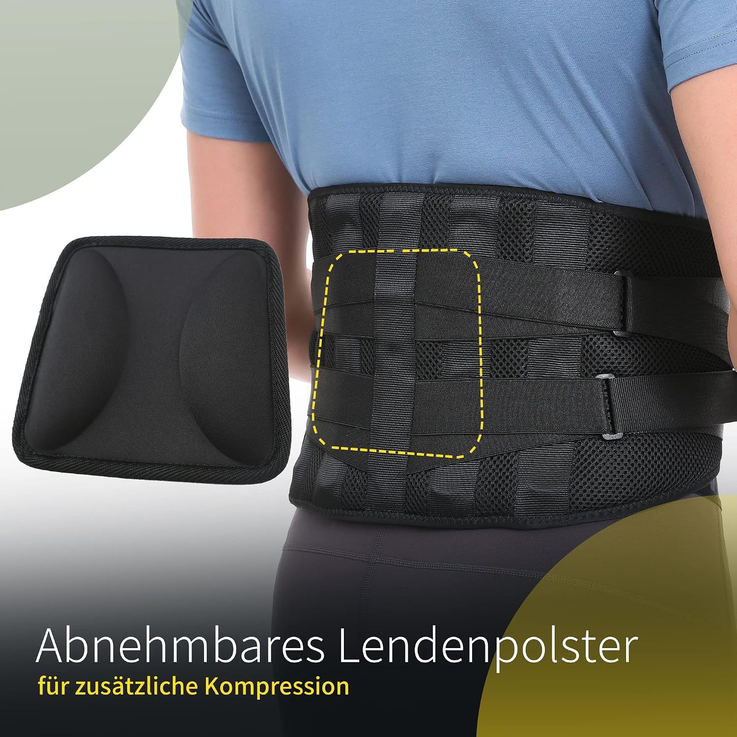 Schwarzer Lendenwirbelstützgurt mit abnehmbarem Polster.