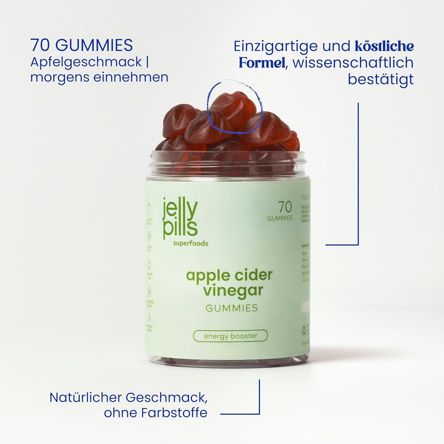 Glas mit Apfelessig-Gummibärchen. Aufschrift: Jelly Pills, Apfelessig Gummies, 70 Gummies. Einzelne Gummibärchen. Natürlicher Geschmack, ohne Farbstoffe.