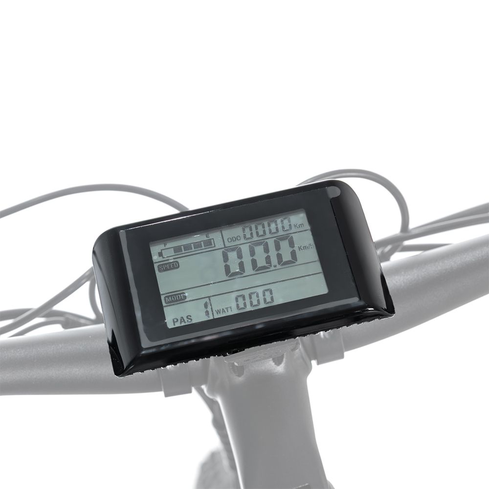 Fahrradcomputer am Lenker. Schwarzes Gehäuse, LCD-Display. Zeigt Geschwindigkeit, Distanz, Leistung und PAS-Stufe an.