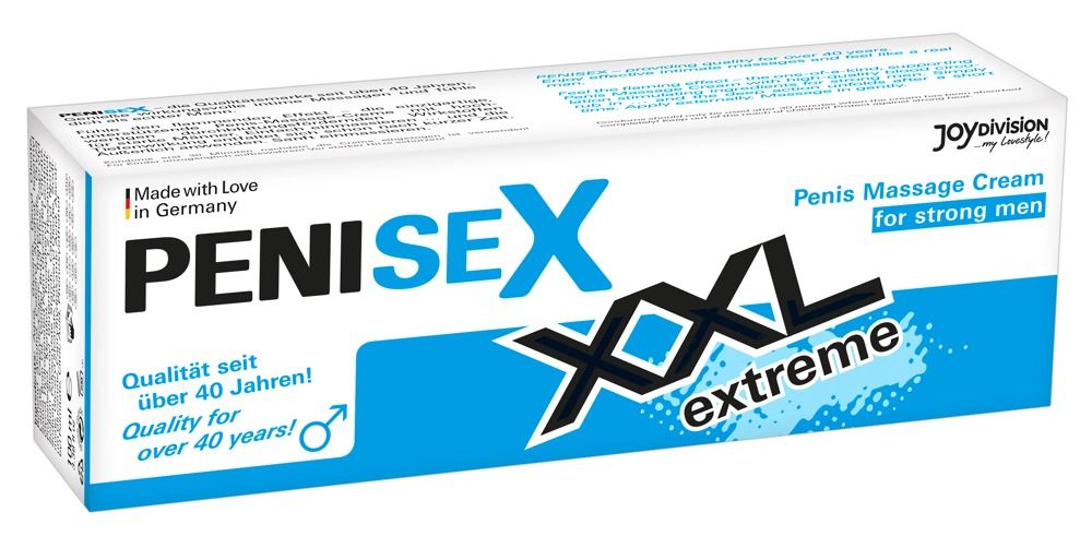 Weiße Verpackung mit blauer Schrift. Produktname: PENISEX XXL extreme. Text: Penis Massage Cream for strong men. Logo: Joydivision.