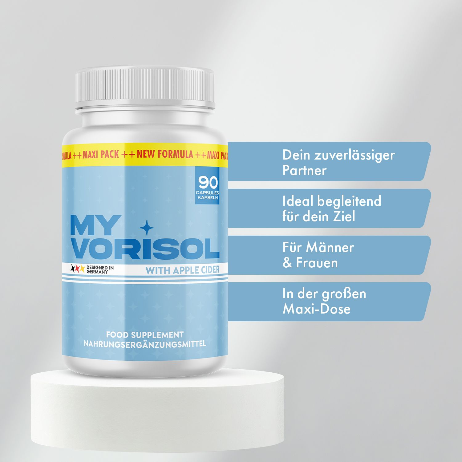 Blaue Flasche MY VORISOL mit 90 Kapseln. Text: Dein zuverlässiger Partner, ideal für dein Ziel, für Männer & Frauen, in der großen Maxi-Dose.