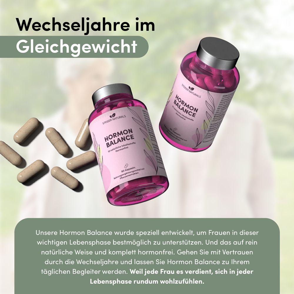 Zwei Flaschen Hormon Balance und Kapseln. Aufschrift: Hormon Balance. Text: Wechseljahre im Gleichgewicht.