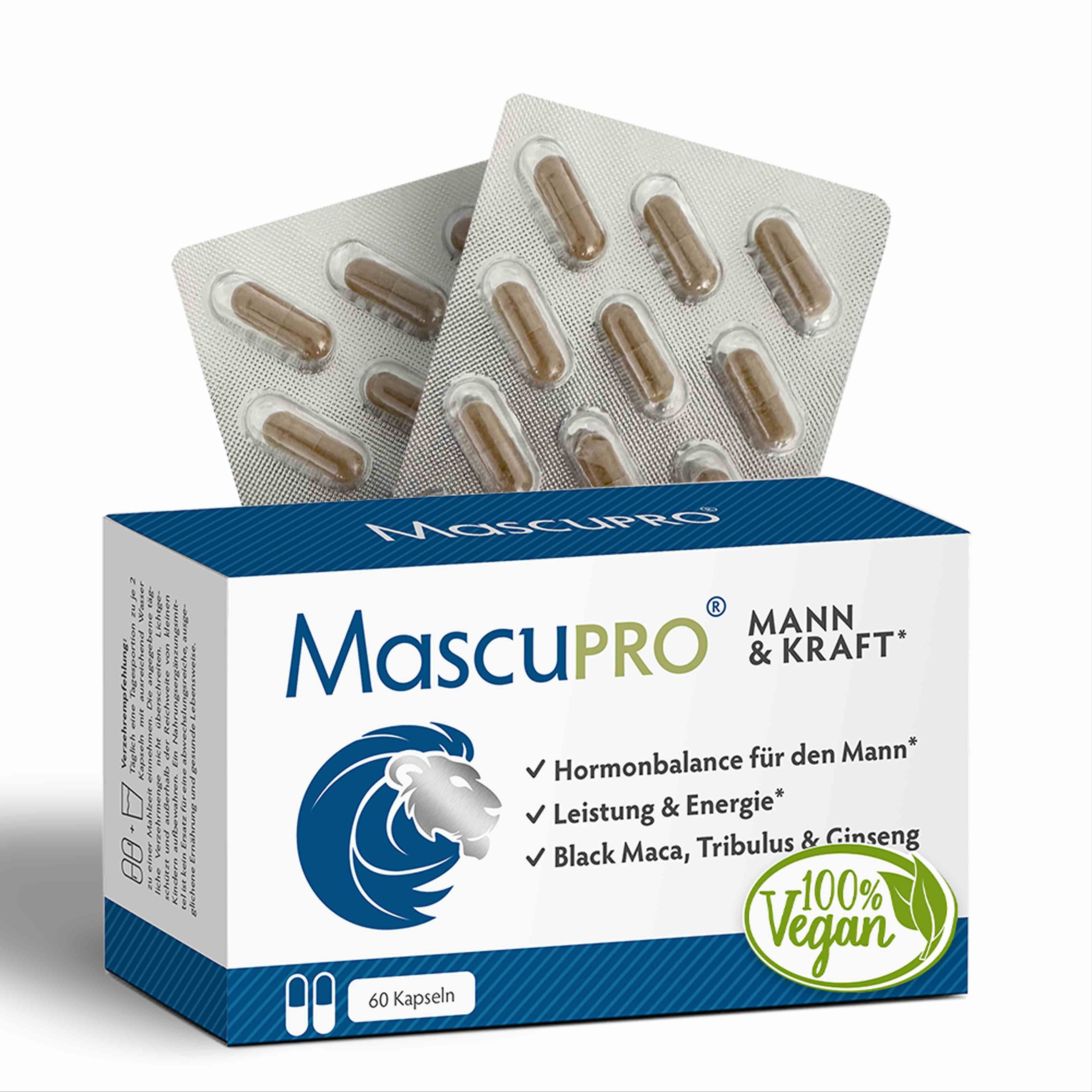 MascuPRO® Packung mit 60 Kapseln und zwei Blistern. Text: Hormonbalance, Leistung & Energie, Black Maca, Tribulus & Ginseng. Logo: 100% Vegan.
