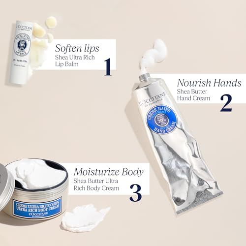 Drei Produkte: Lippenbalsam, Handcreme und Körpercreme. Alle Produkte sind von L'Occitane. Text: Soften lips, Nourish hands, Moisturize body.