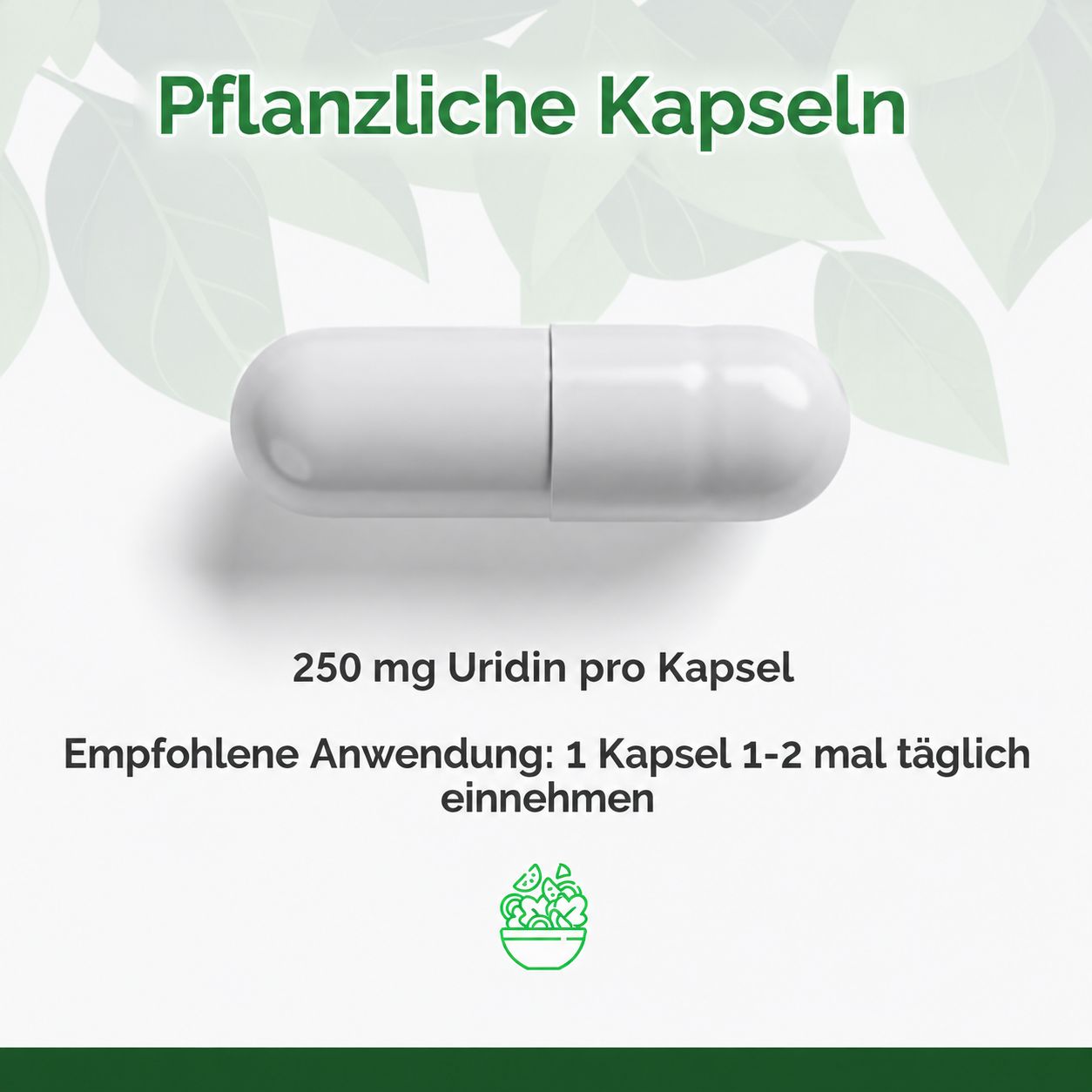 Eine einzelne weiße Kapsel mit 250 mg Uridin pro Kapsel.