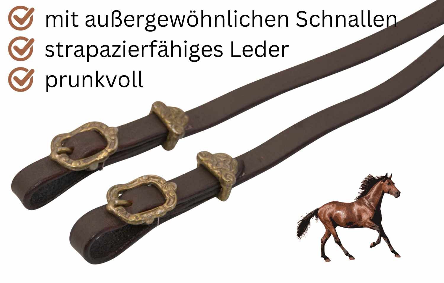 Braune Lederzügel mit goldenen Schnallen. Text: mit außergewöhnlichen Schnallen, strapazierfähiges Leder, prunkvoll.