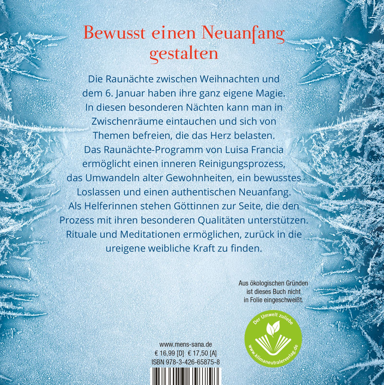 Rückseite des Buches. Text über die Raunächte und das Buch. Verlagshinweis und Preisangaben. ISBN-Code und Umweltzeichen.