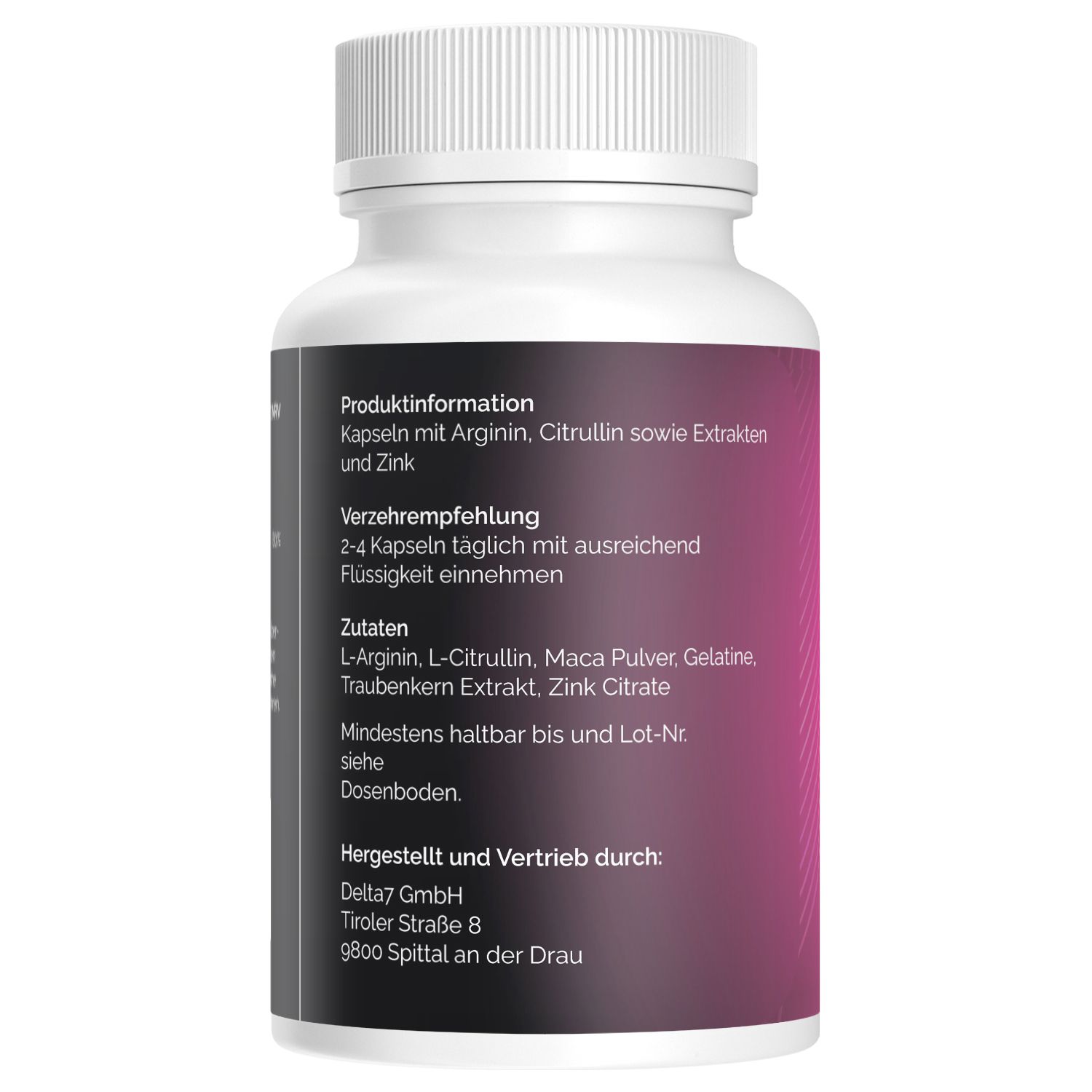 Rückseite einer Flasche Peach Booty Booster Kapseln mit Produktinformationen und Zutaten.