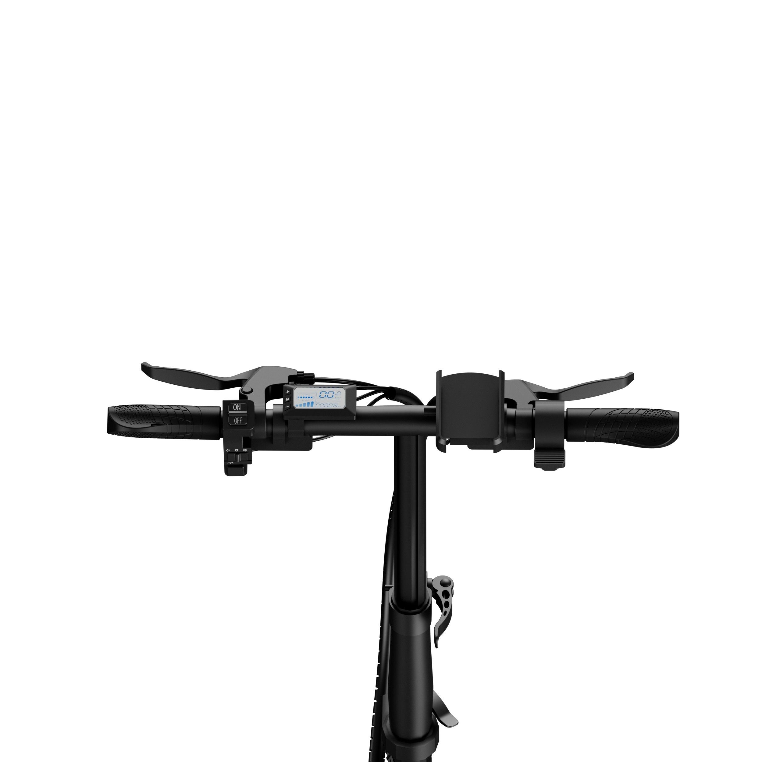 Lenker eines schwarzen E-Bikes. Sichtbar: Bremshebel, Display, Griffe. Marke: Ruitoo.