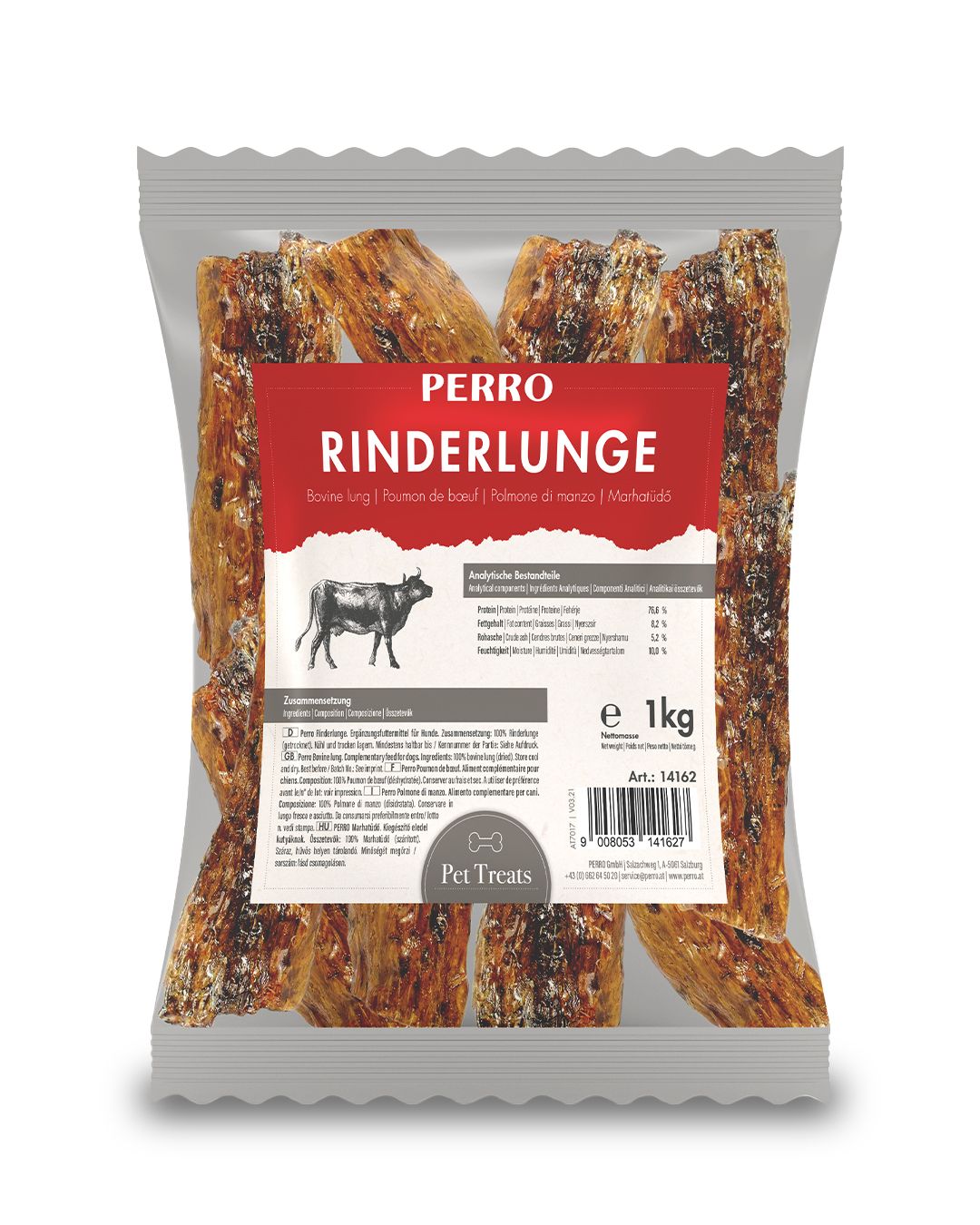 Verpackung mit PERRO Rinderlunge. Sichtbar sind getrocknete, längliche Stücke. Auf rotem Hintergrund steht "Rinderlunge".