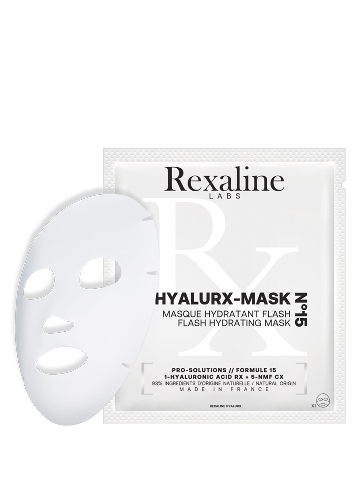 Rexaline Hyalurx-Mask: Eine weiße Gesichtsmaske und eine einzelne Verpackung.