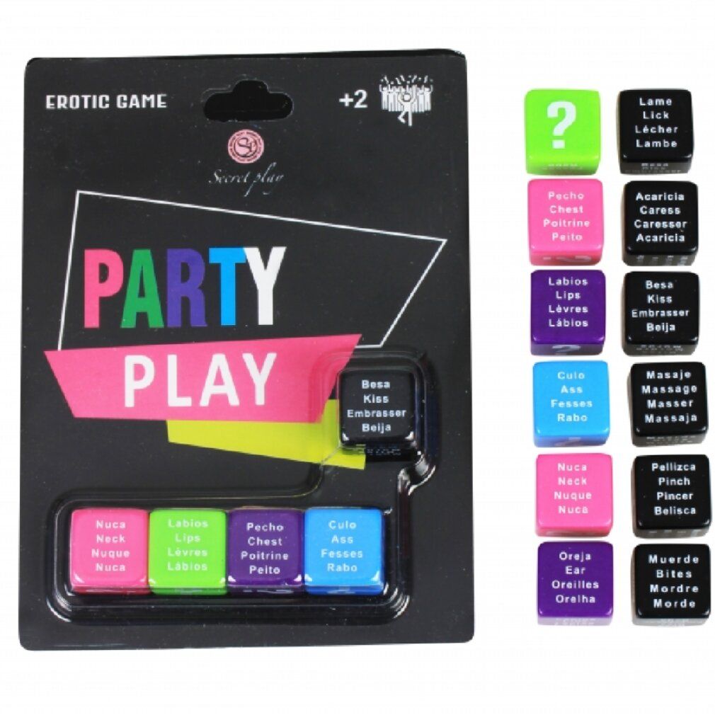 Spiel mit Würfeln. Schwarze Verpackung mit "PARTY PLAY"-Schriftzug. Mehrere farbige Würfel mit Text. Logo. Website-Adresse.