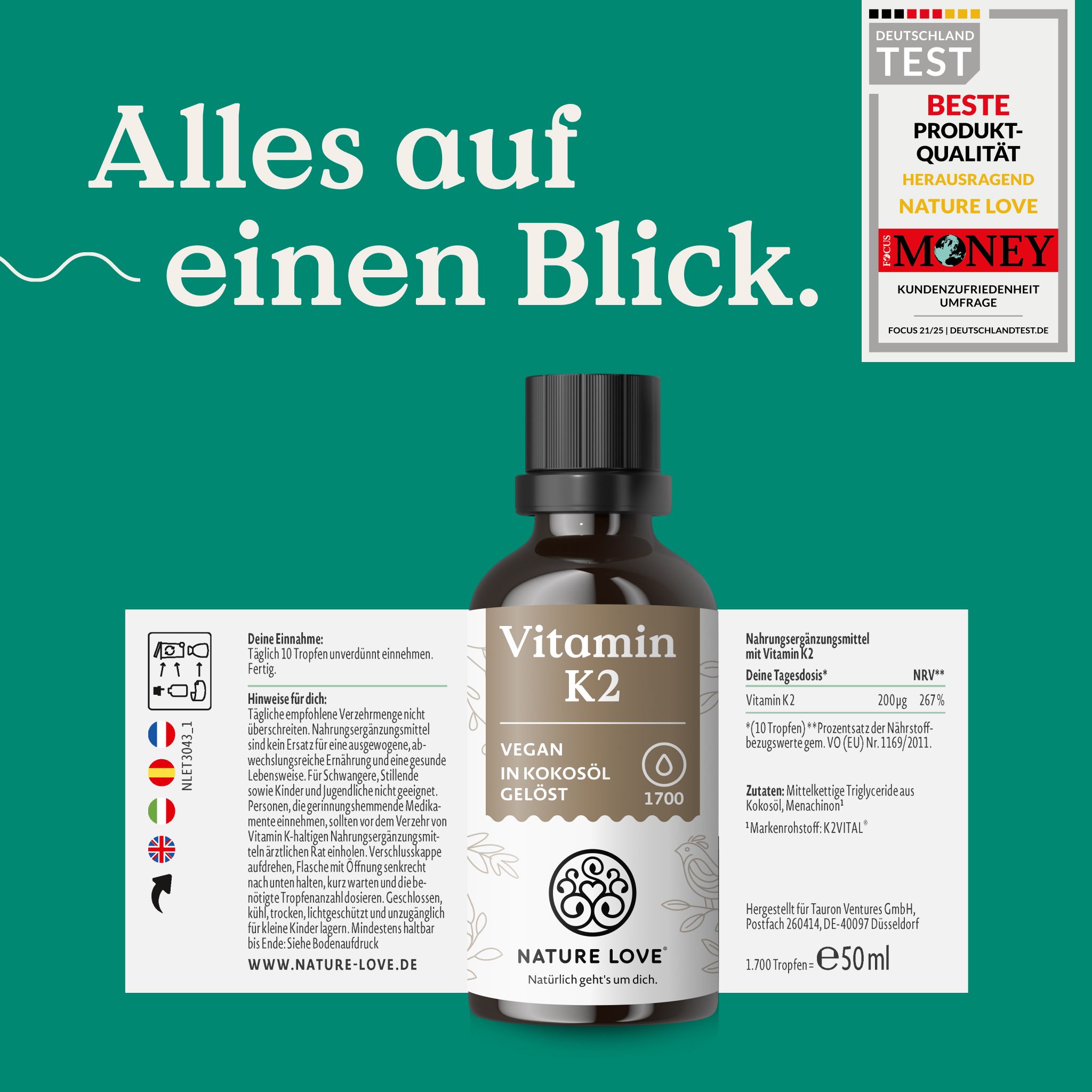 Flasche Vitamin K2 von Nature Love mit Etikett und Siegeln.