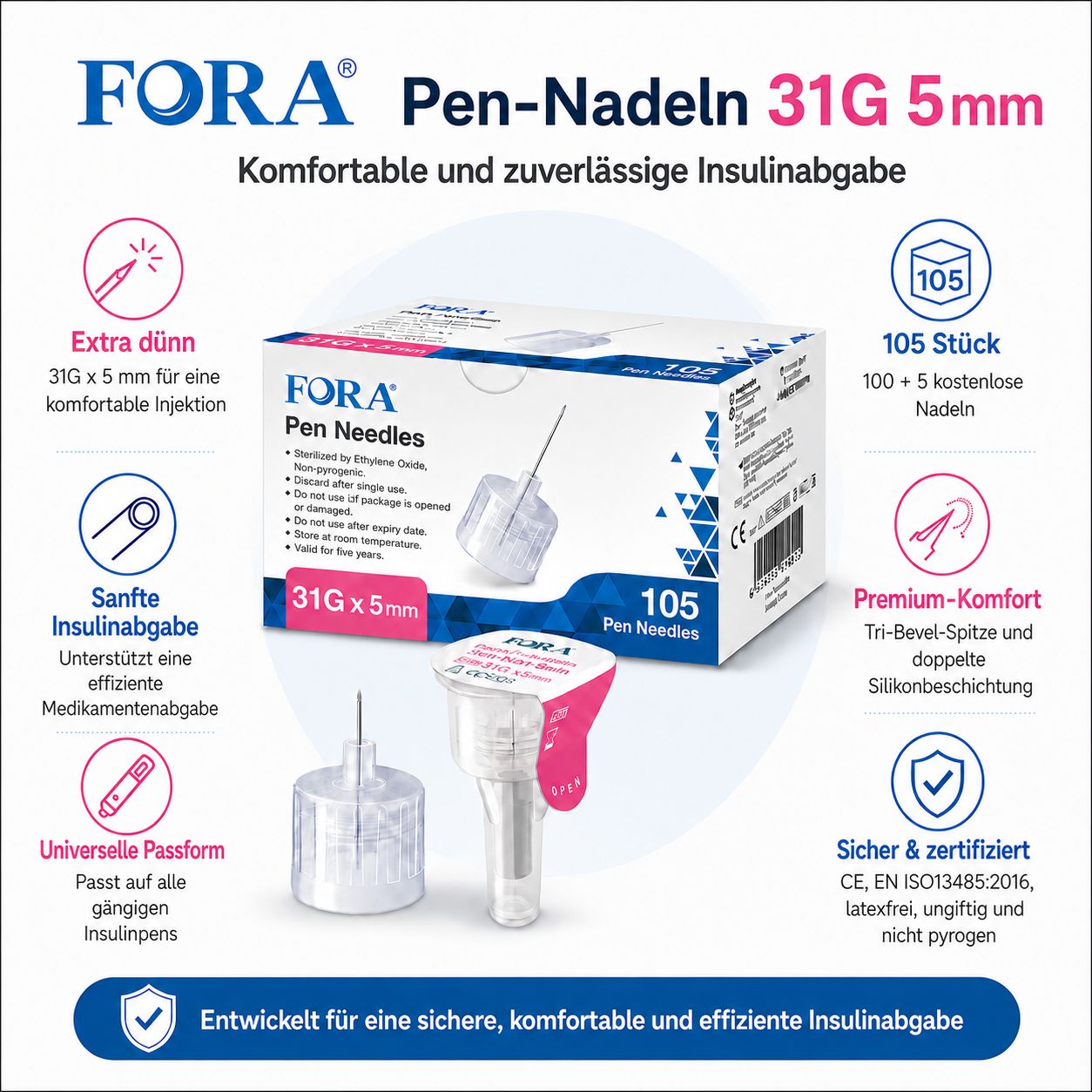 FORA Pen-Nadeln 31G 5mm: Extra dünn, sanft, universell passend. 105 Stück. CE, ISO13485 zertifiziert.