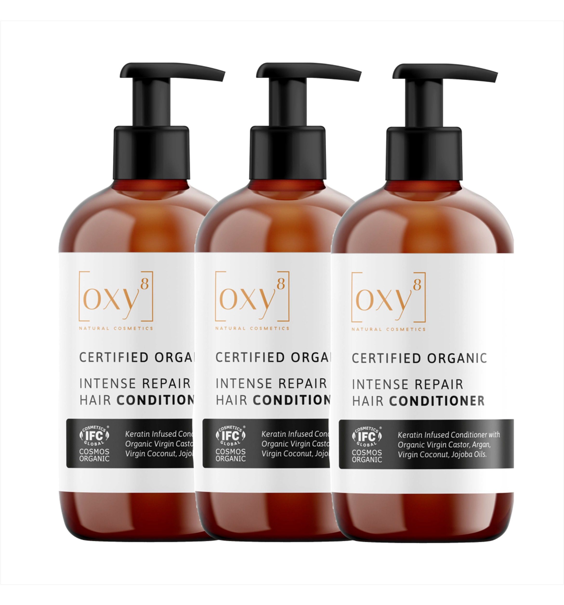 Drei Flaschen Haarspülung. Braune Flaschen mit schwarzem Pumpkopf. Aufschrift: INTENSE REPAIR HAIR CONDITIONER.