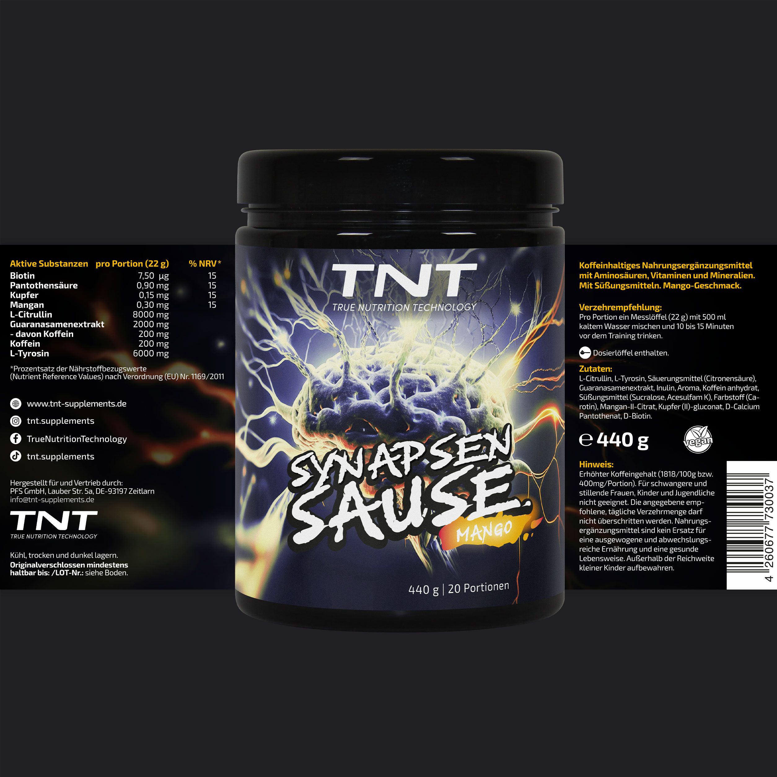 Produktglas "Synapsen Sause" mit Inhaltsstoffangaben. Enthält 440g. Etikett mit Nährwertangaben und Zutatenliste. Mango-Geschmack.