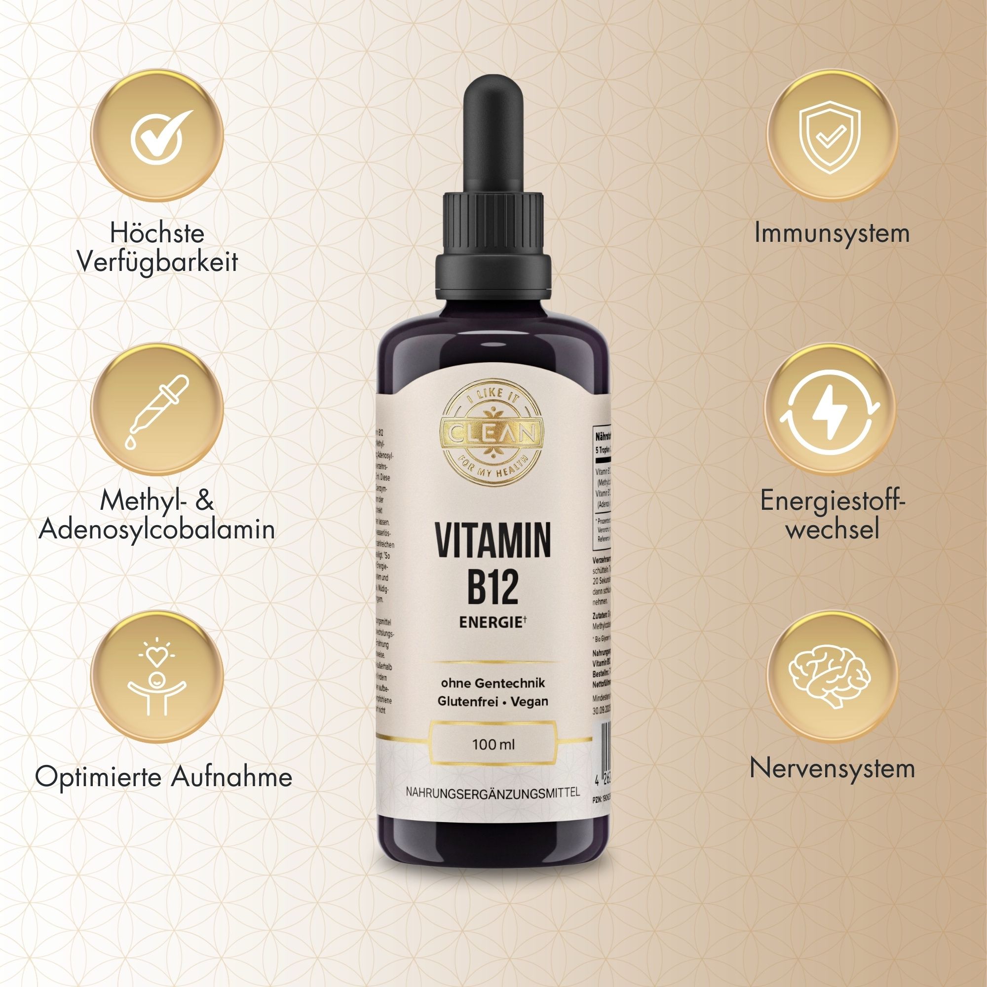 Braune Flasche mit schwarzem Verschluss und Pipette. Beschriftung: Vitamin B12 Energie. Zusätzliche Symbole und Text.