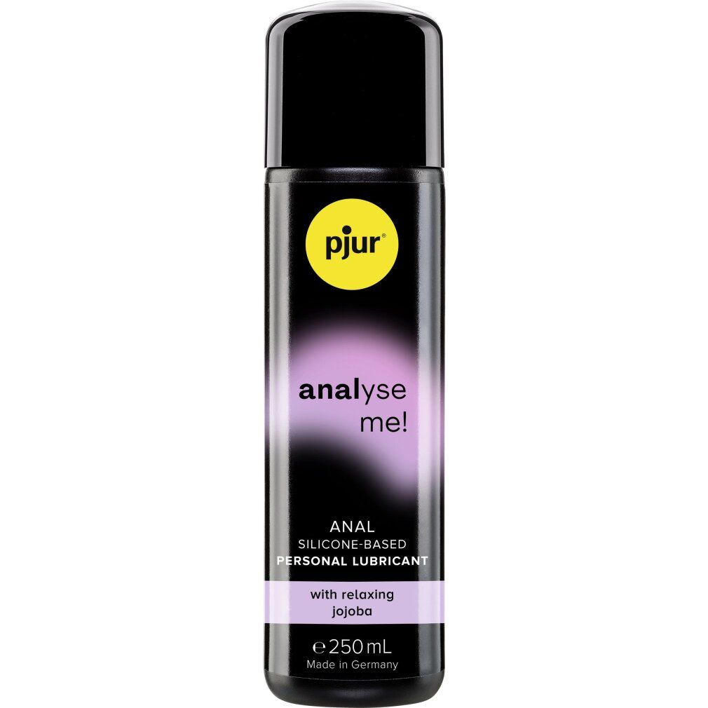 Zylindrische Flasche mit schwarzem Deckel. Aufschrift: pjur, analyse me!, ANAL, silicone-based, PERSONAL LUBRICANT. Mit Jojoba. Made in Germany.
