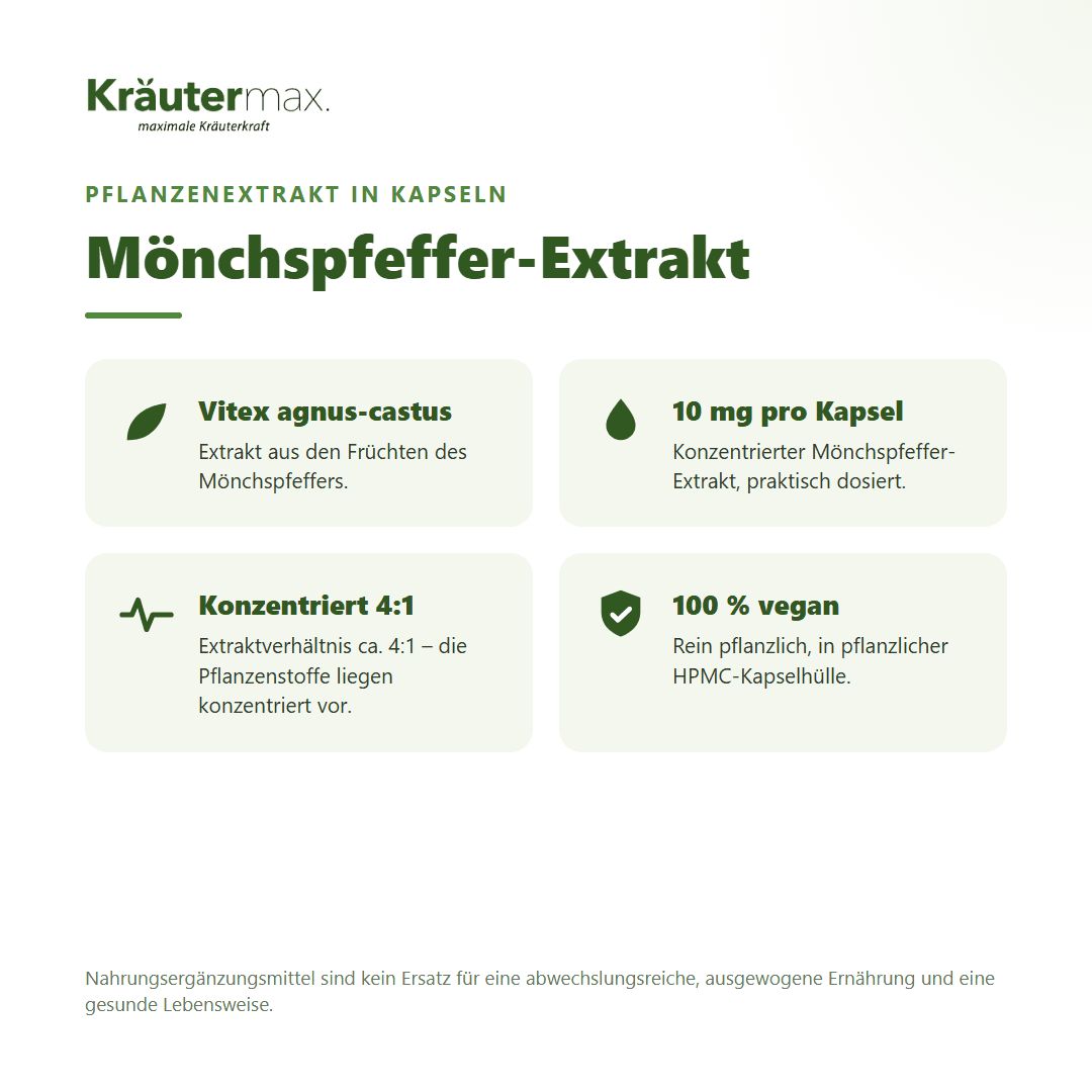 Übersicht Kräutermax Mönchspfeffer: 10mg, 4:1 Extrakt, aus Früchten, ohne Zusatzstoffe.