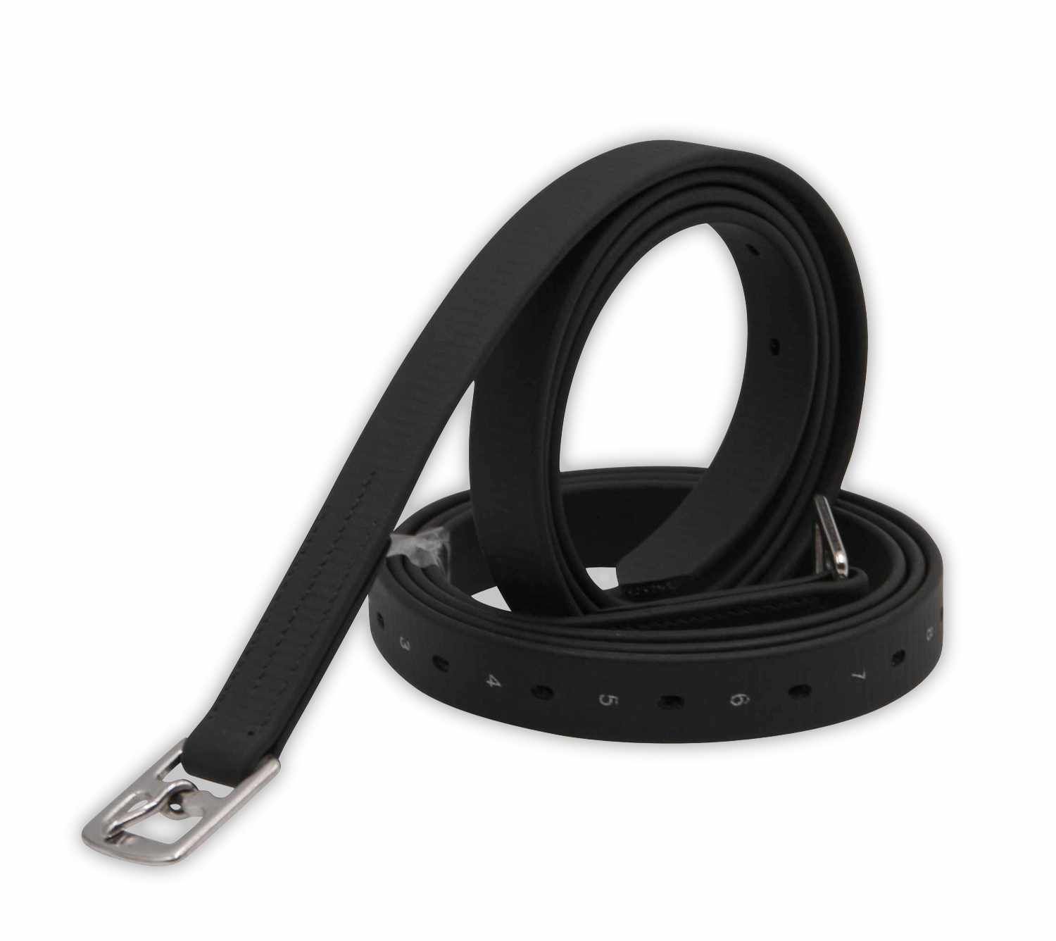 Schwarzer Steigbügelriemen mit nummerierten Löchern und Metallschnalle.