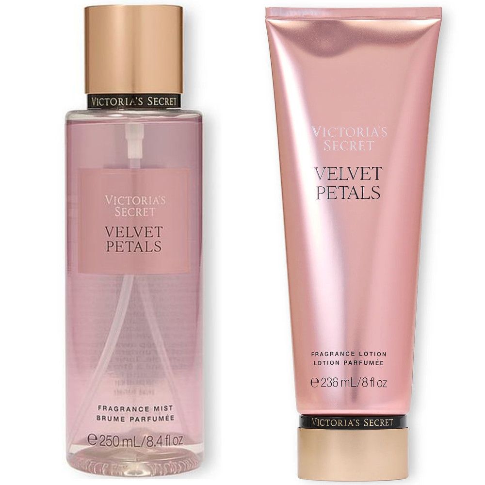 Körpernebel und Lotion-Set. Rosa Flasche und Tube. Aufschrift: Victoria's Secret, Velvet Petals. Inhalt: 250 ml und 236 ml.