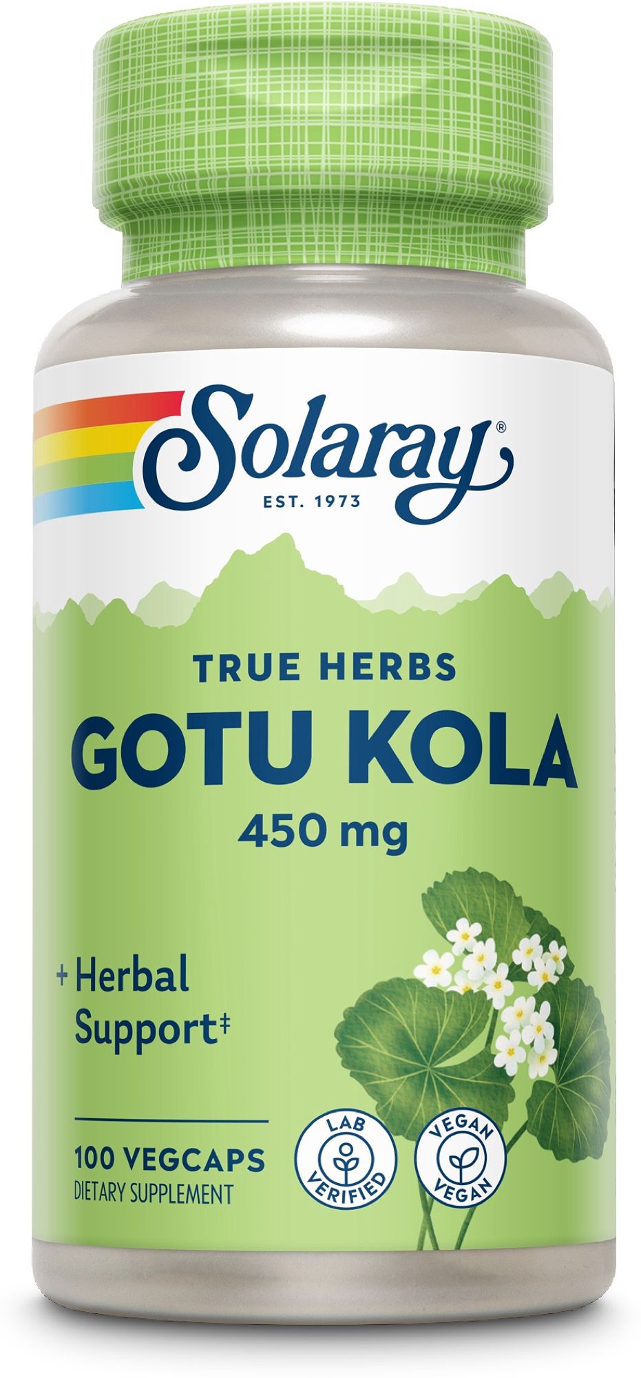 Solaray Gotu Kola Kapseldose mit 100 Vegicaps, 450 mg. Grüne Dose mit weißem Deckel und Kräutermotiv.