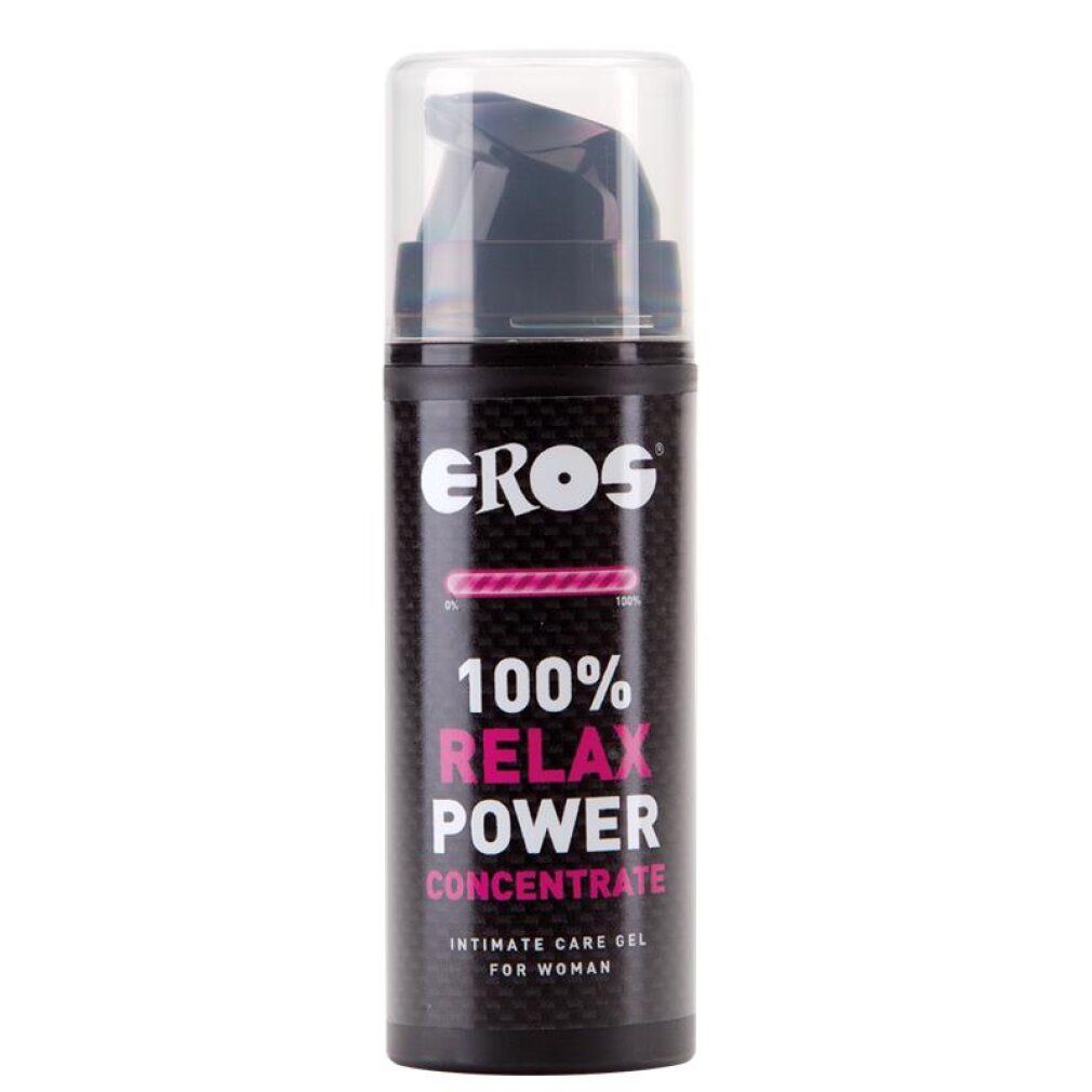 Eros Relax Power Konzentrat: Flasche mit Pumpspender, schwarzes Etikett mit pinker Schrift.