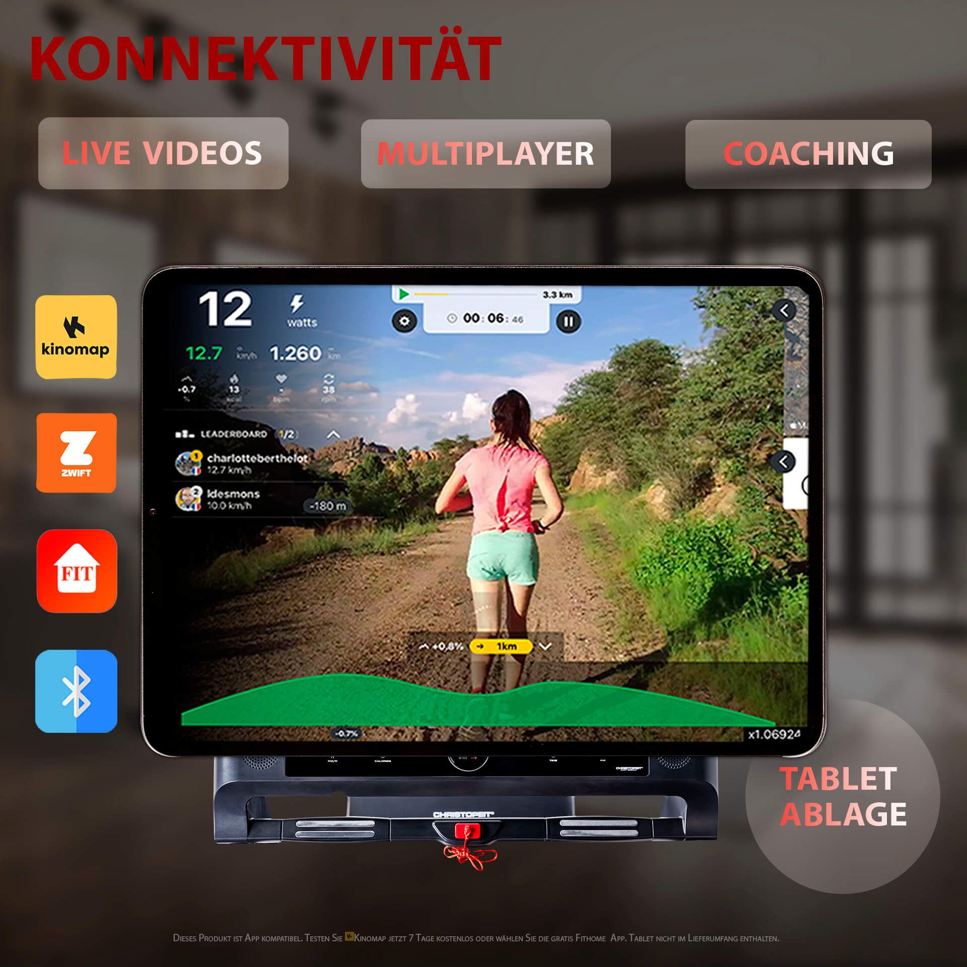 Laufband-Tablet-Halterung mit Apps wie Kinomap, Zwift, Fit. Konnektivitätsoptionen: Live-Videos, Multiplayer.