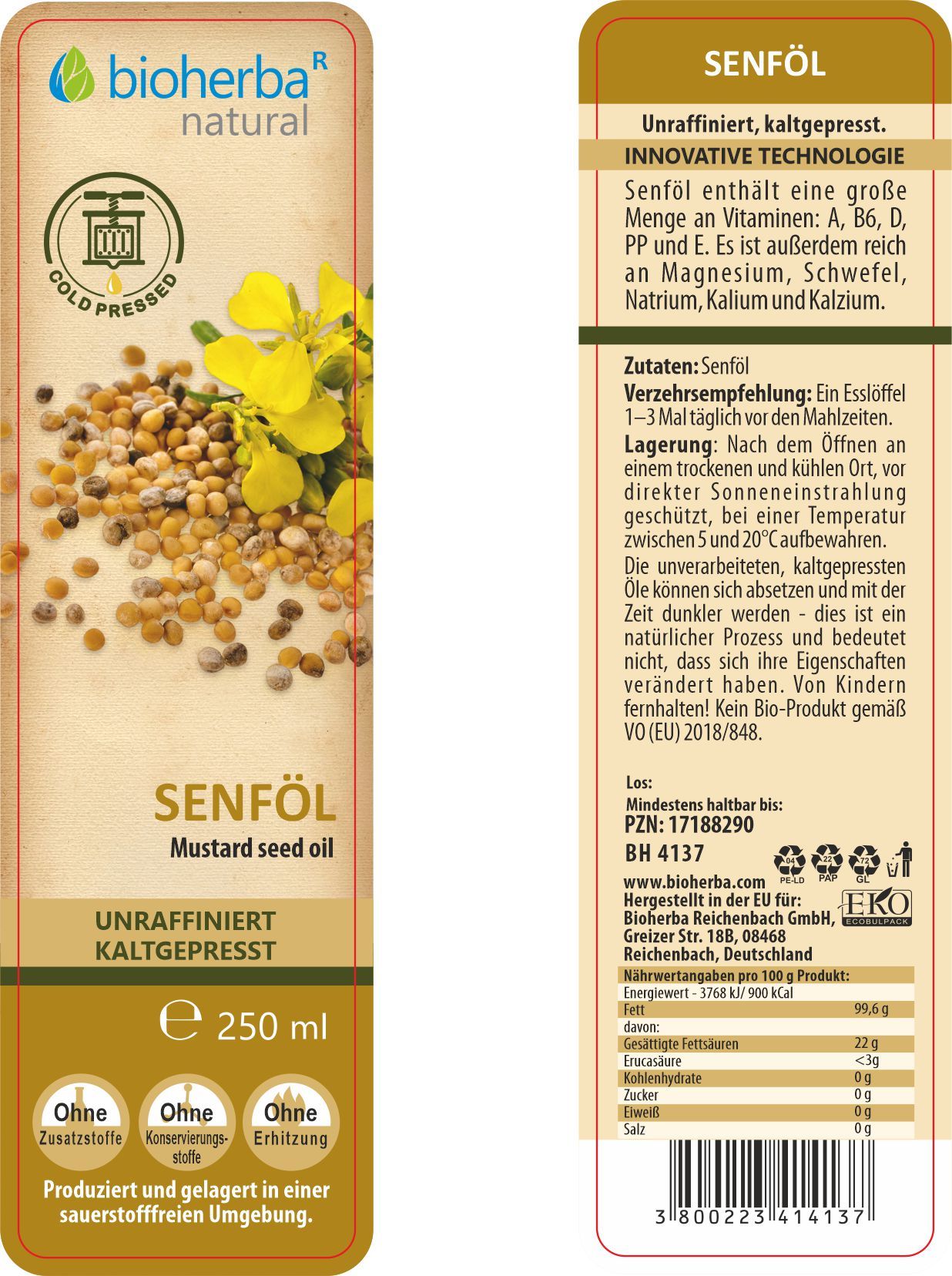 Etikett von Senföl. Produktname, Blüten, Samen und Logo. Aufschrift: Senföl, kaltgepresst, 250 ml. Informationen zu Inhaltsstoffen und Nährwerten.