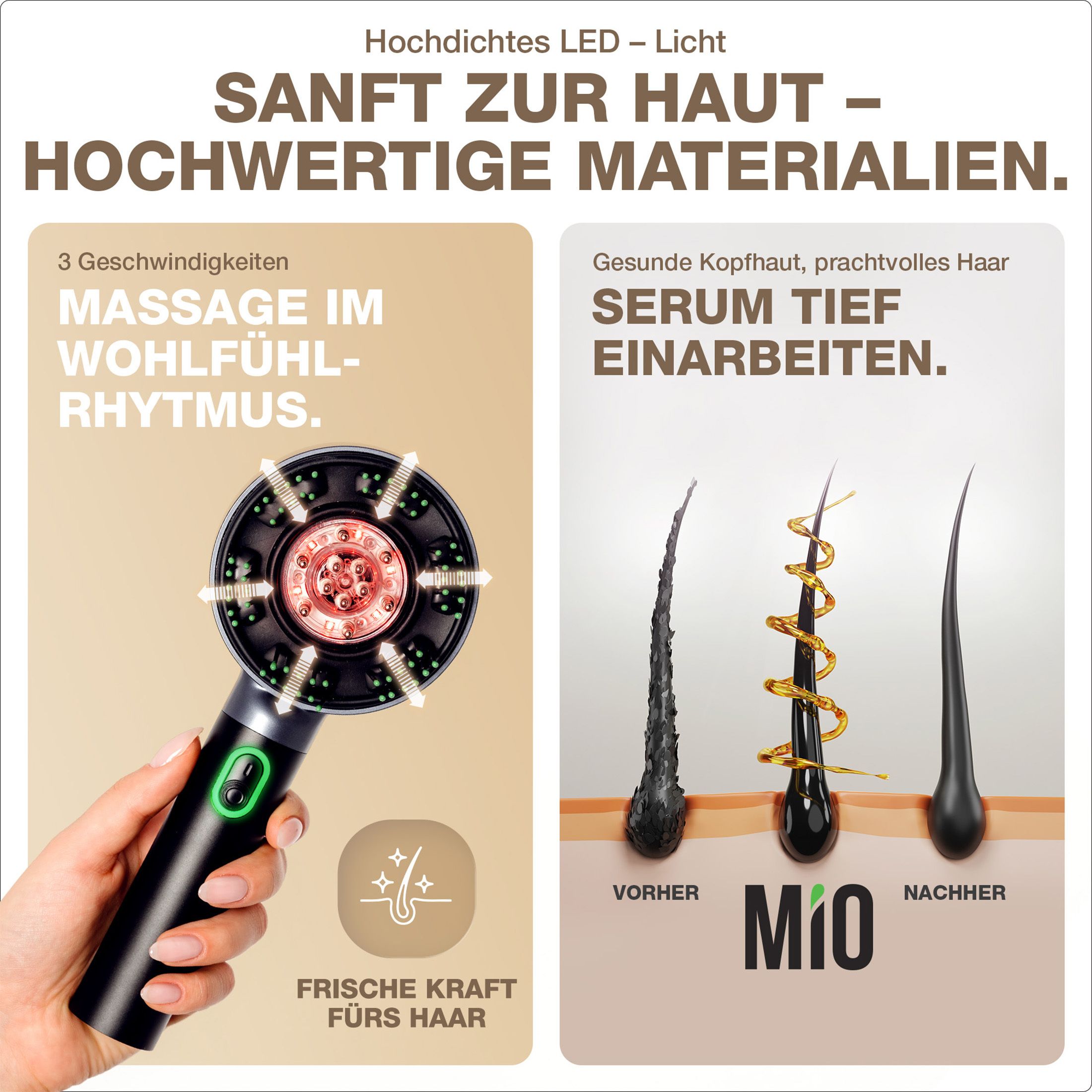 Kopfmassagegerät mit rotem Licht und Borsten. Text: Massage im Wohlfühl-Rhythmus. Vorher/Nachher-Haarabbildung.