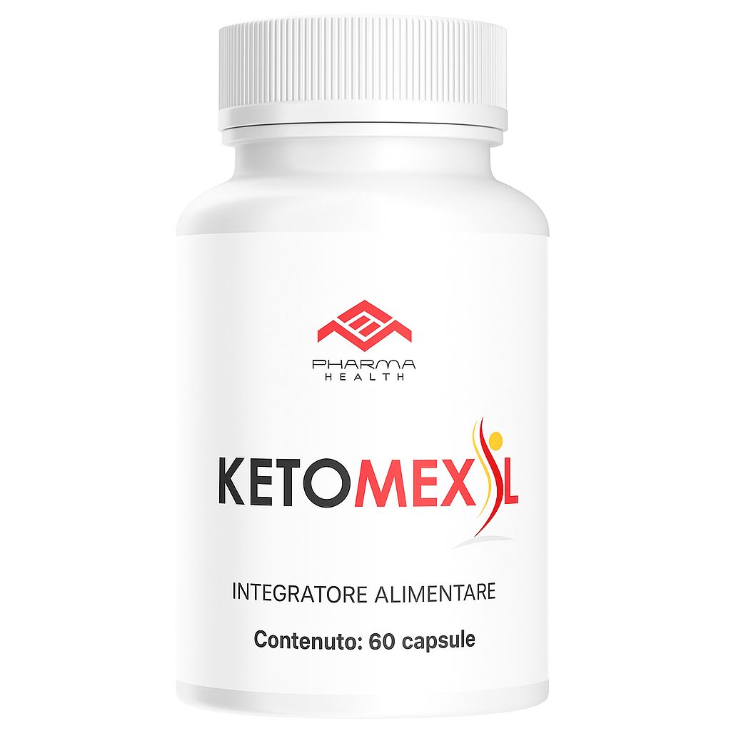 Weiße Flasche mit Kapseln. Aufschrift: KETOMEXIL, Pharma Health. Inhalt: 60 Kapseln. Integratore Alimentare.