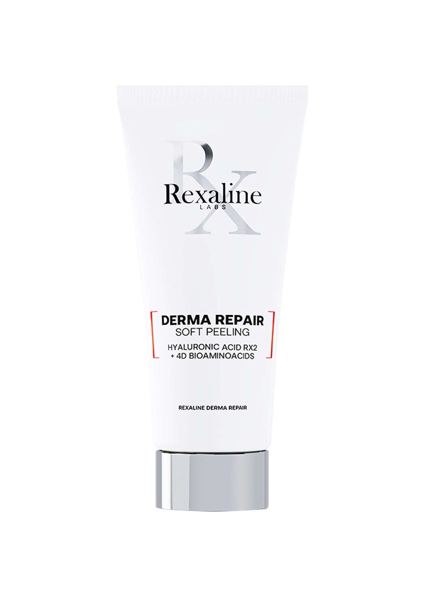 Weiße Tube mit silbernem Verschluss. Aufschrift: Rexaline Labs, Derma Repair Soft Peeling. Enthält Hyaluronsäure und Bioaminosäuren.