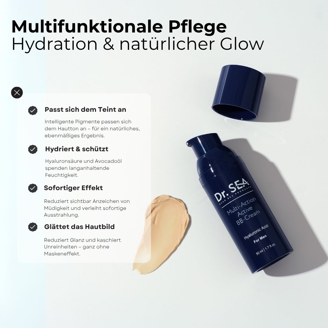 BB-Cream-Flasche, Deckel daneben, Text und Produktmerkmale. Creme-Probe daneben.