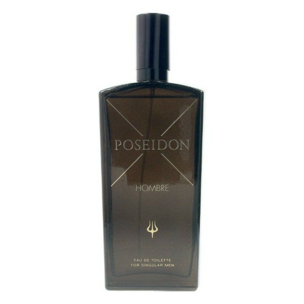Dunkle Flasche mit Aufschrift POSEIDON, HOMBRE und Dreizack. Schwarzer Verschluss. Rechteckige Form.