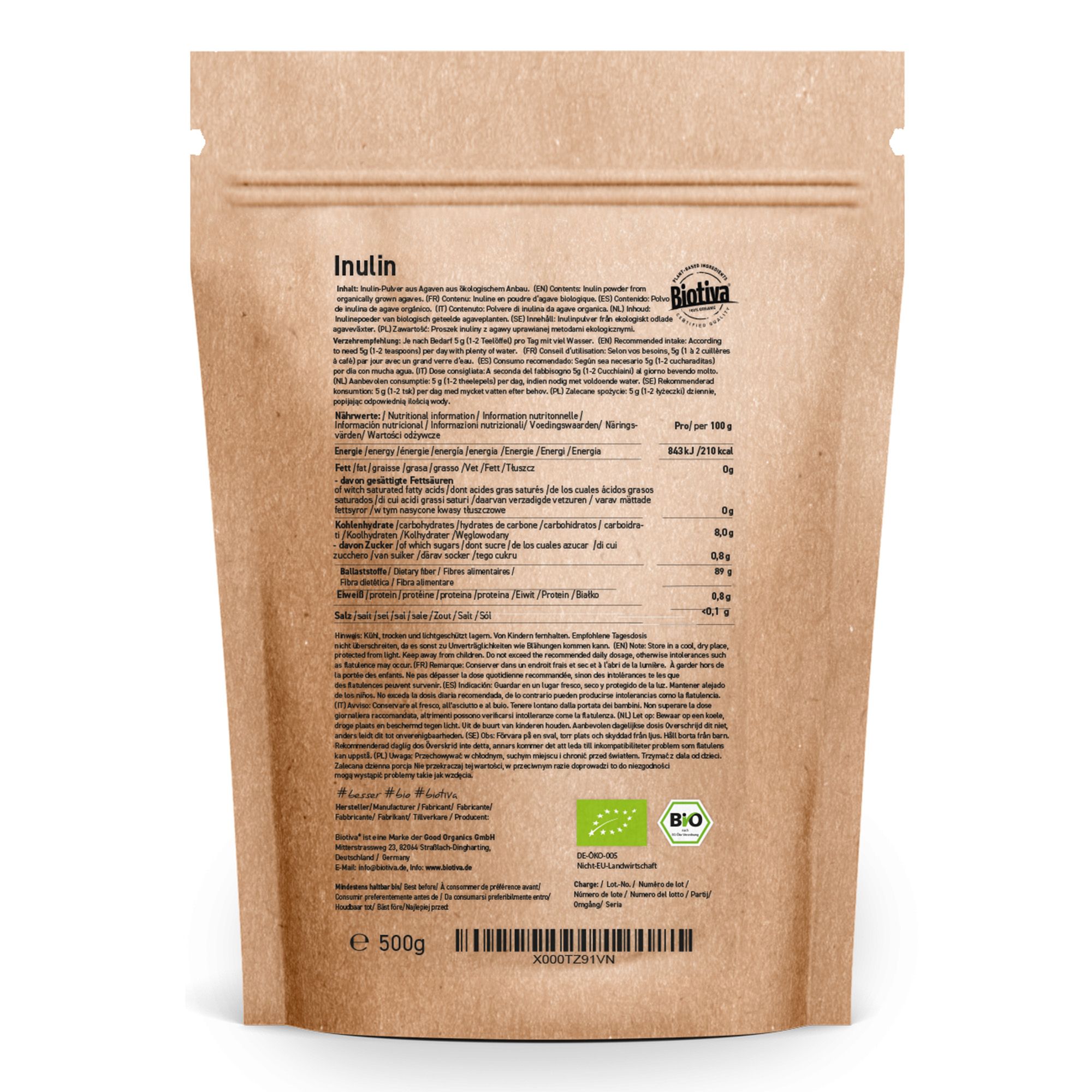 Rückseite der Biotiva Inulin Pulver Bio Verpackung. Enthält Nährwertangaben, Zutatenliste und Bio-Siegel.