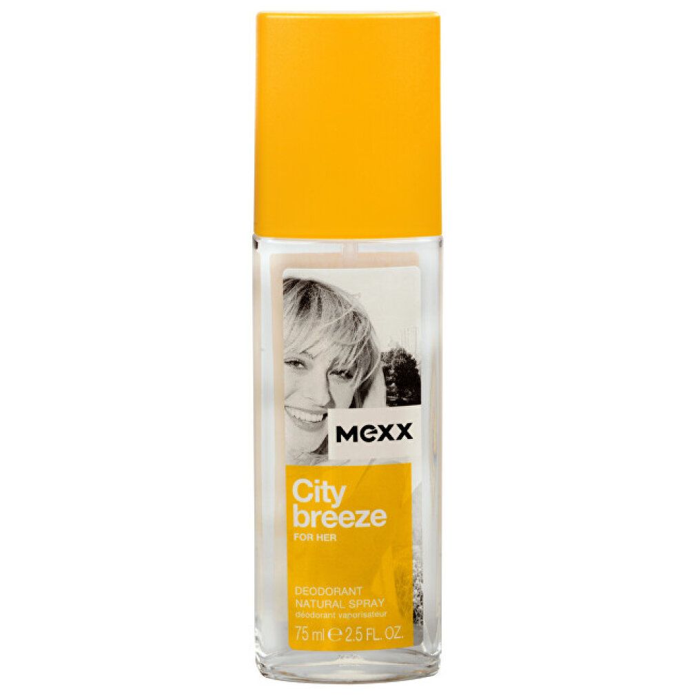 Deospray mit gelbem Deckel. Aufkleber mit Frauengesicht, Schriftzug "Mexx City Breeze For Her" und "Deodorant Natural Spray".