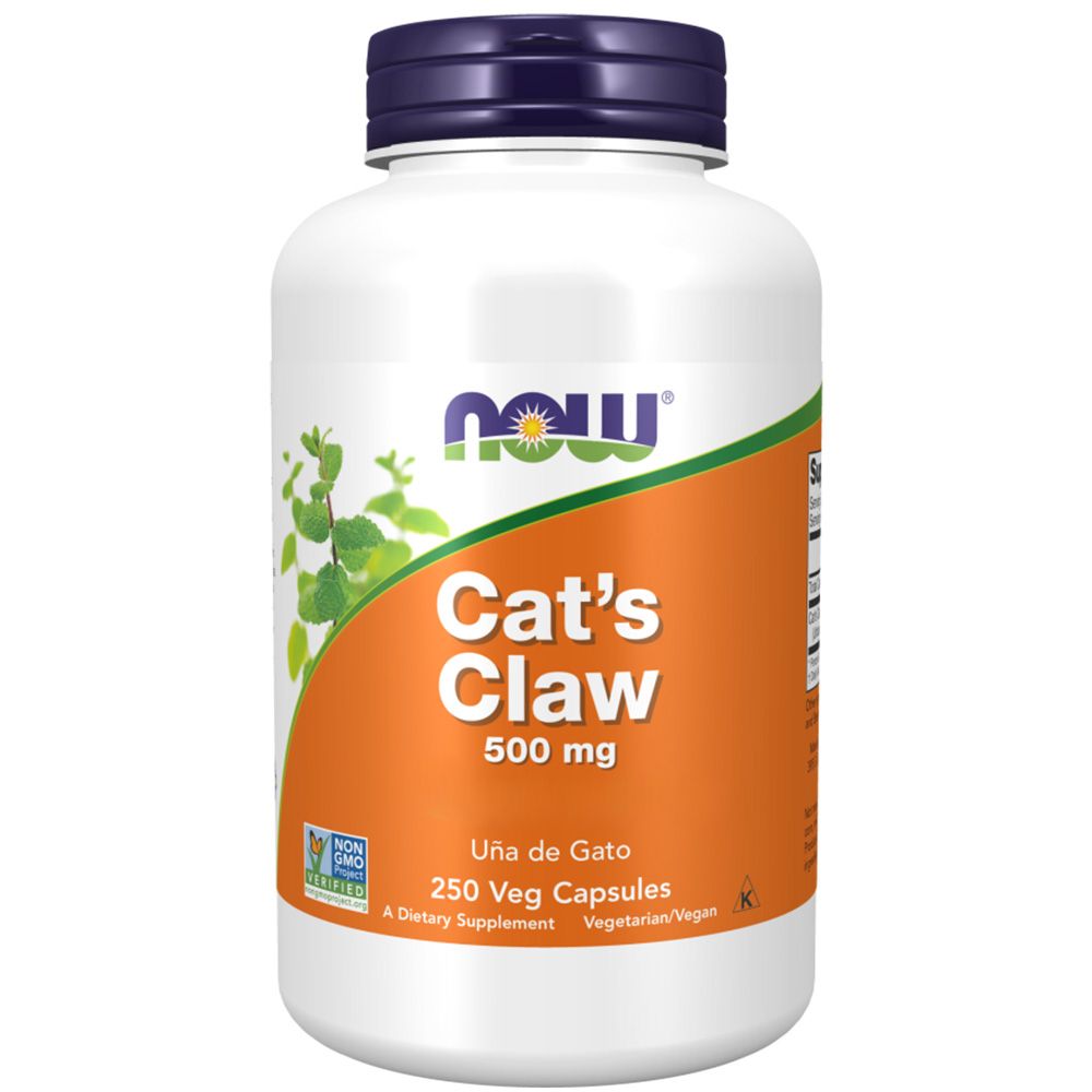 Weiße Flasche mit blauem Deckel. Aufschrift: Cat's Claw 500 mg. Etikett mit Logo und grünen Blättern. 250 Veg Capsules.