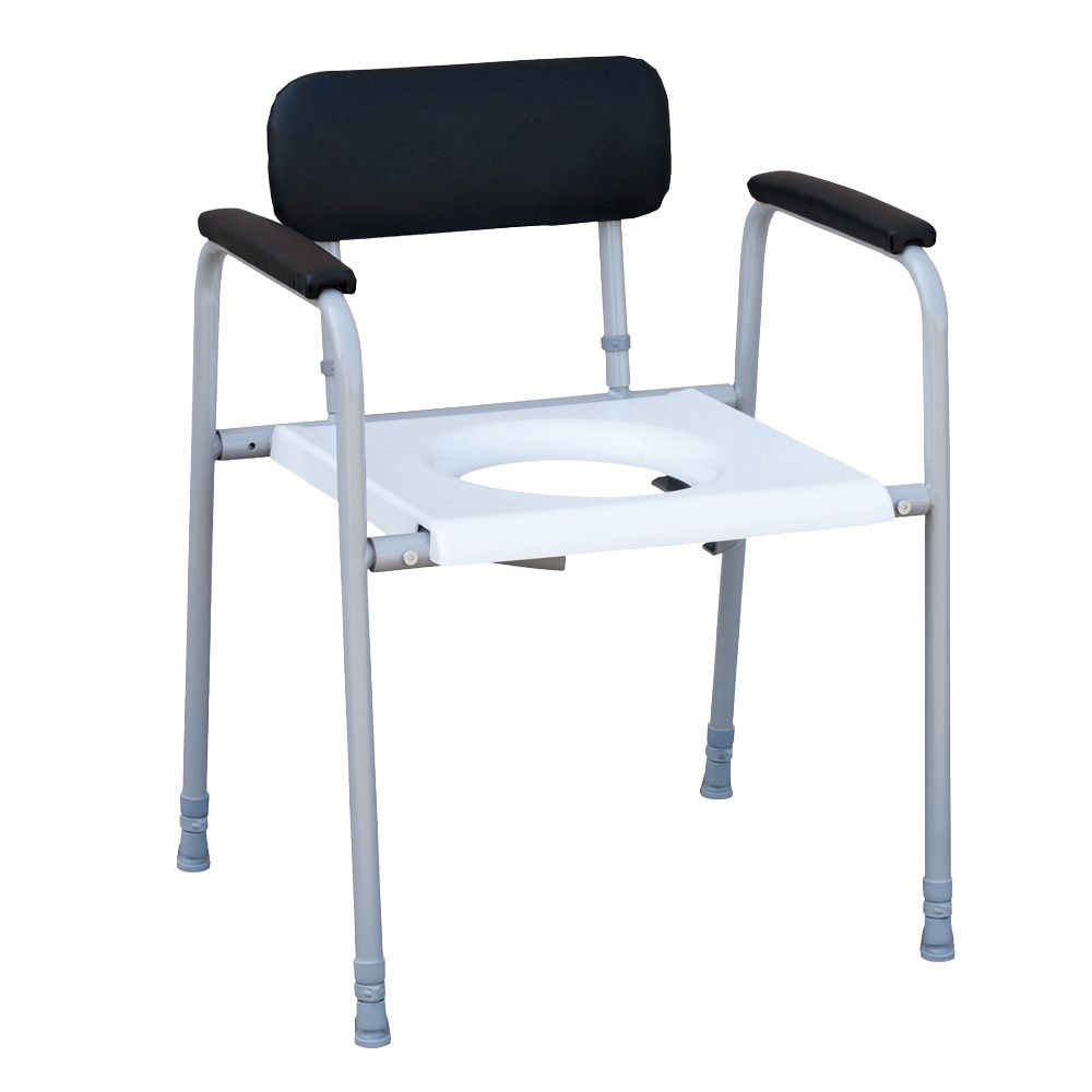 Toilettenstuhl mit Armlehnen und Rückenlehne. Sitzfläche mit Loch. Gestell aus Metall, höhenverstellbar.